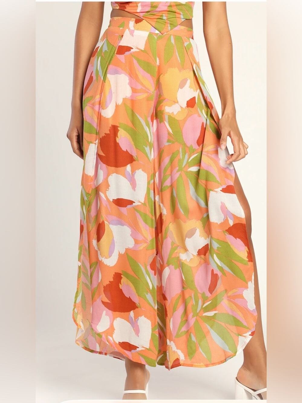 Lulus Bright Bliss Orange Abstract Floral Flyaway Pants Size XS